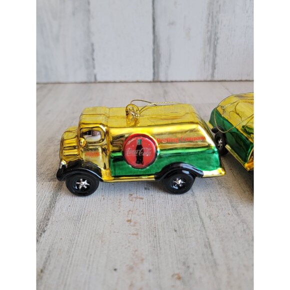 Blown glass bottling company Coca-Cola truck delivery ornament xmas set - Picture 2 of 9